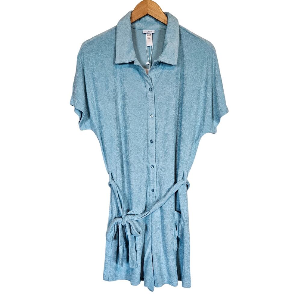 Andie The Button Up Romper Blue Women's Size Large Beach‎ Vacation Layer